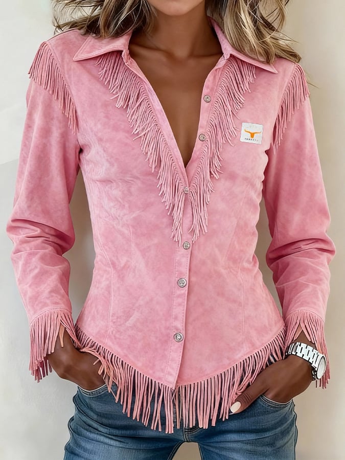 Women'S Solid Color V-Neck Long-Sleeved Tassel Shirt