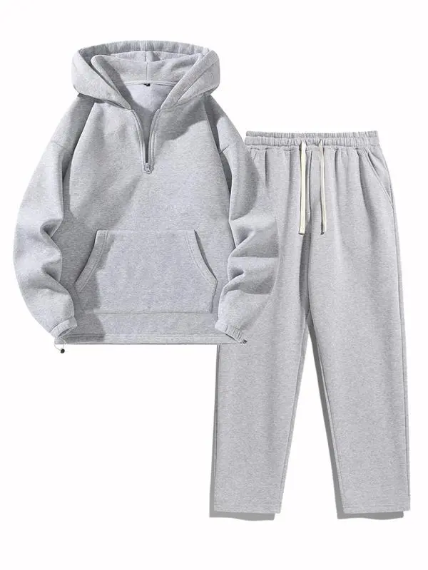 🔥Last Day Promotion 89% OFF🔥Men'S Plain Drop Shoulder Sweatsuit Set, Casual Half Zip Hoodie & Drawstring Sweatpants With Pocket