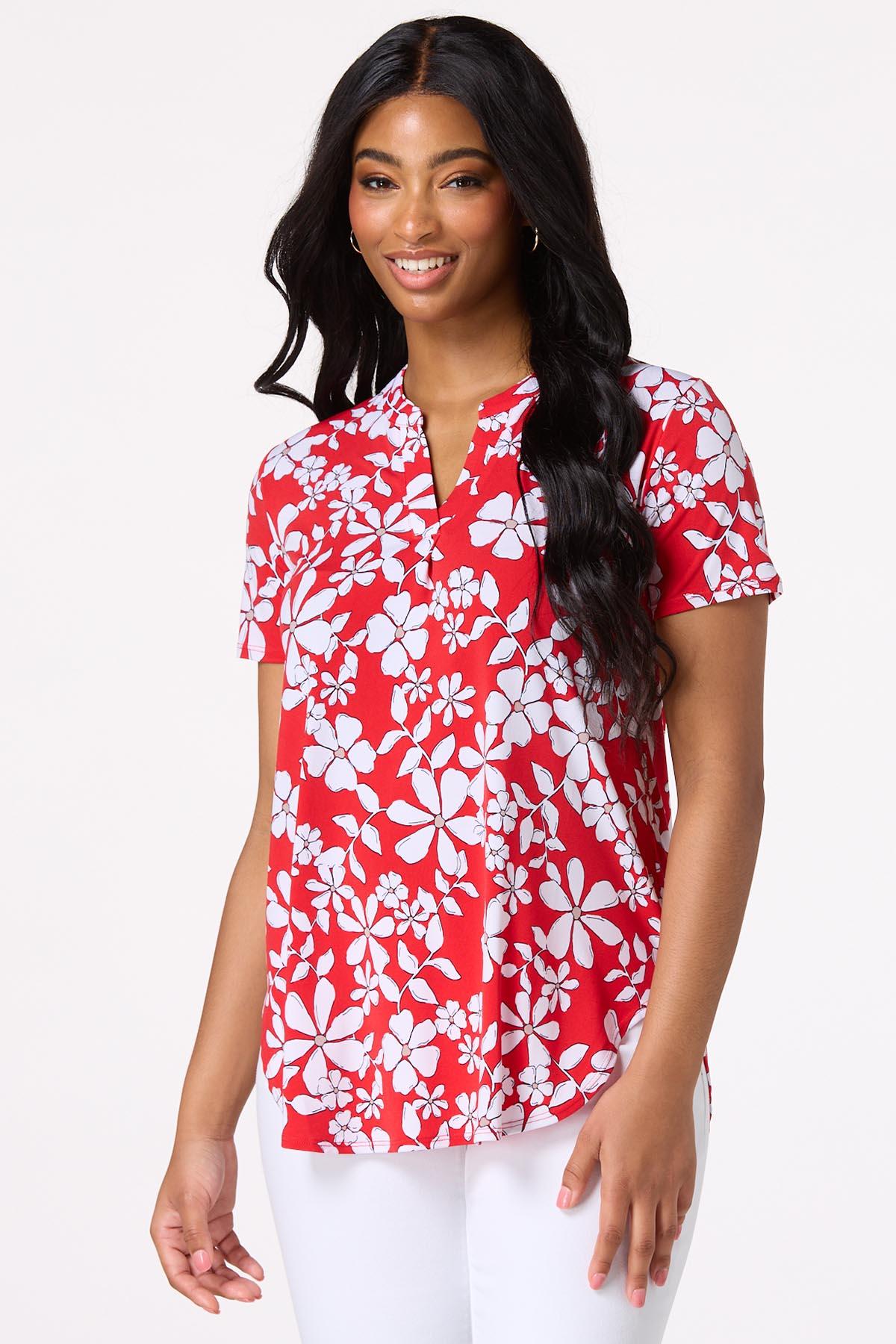 Red Ditsy Floral Popover Top
