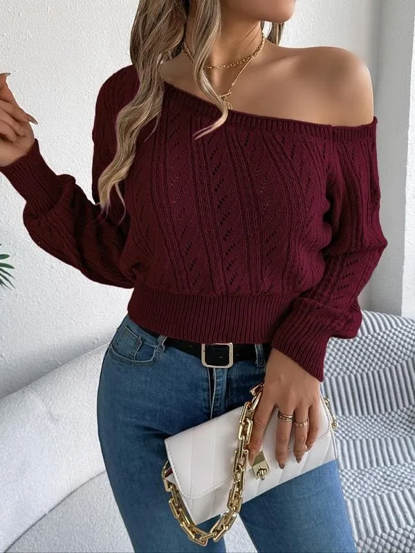 Women's Plain Textured Hollow Out Asymmetrical Neck Sweater