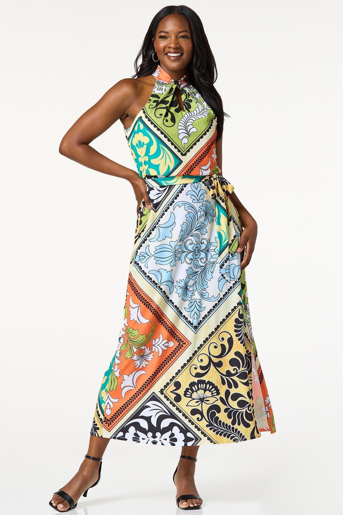 Twist Neck Patch Print Maxi Dress