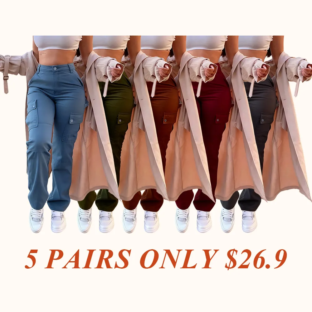 Women's Plain Pocket Button Fly Cargo Pants, Casual Streetwear Solid Color Trousers for Daily Wear