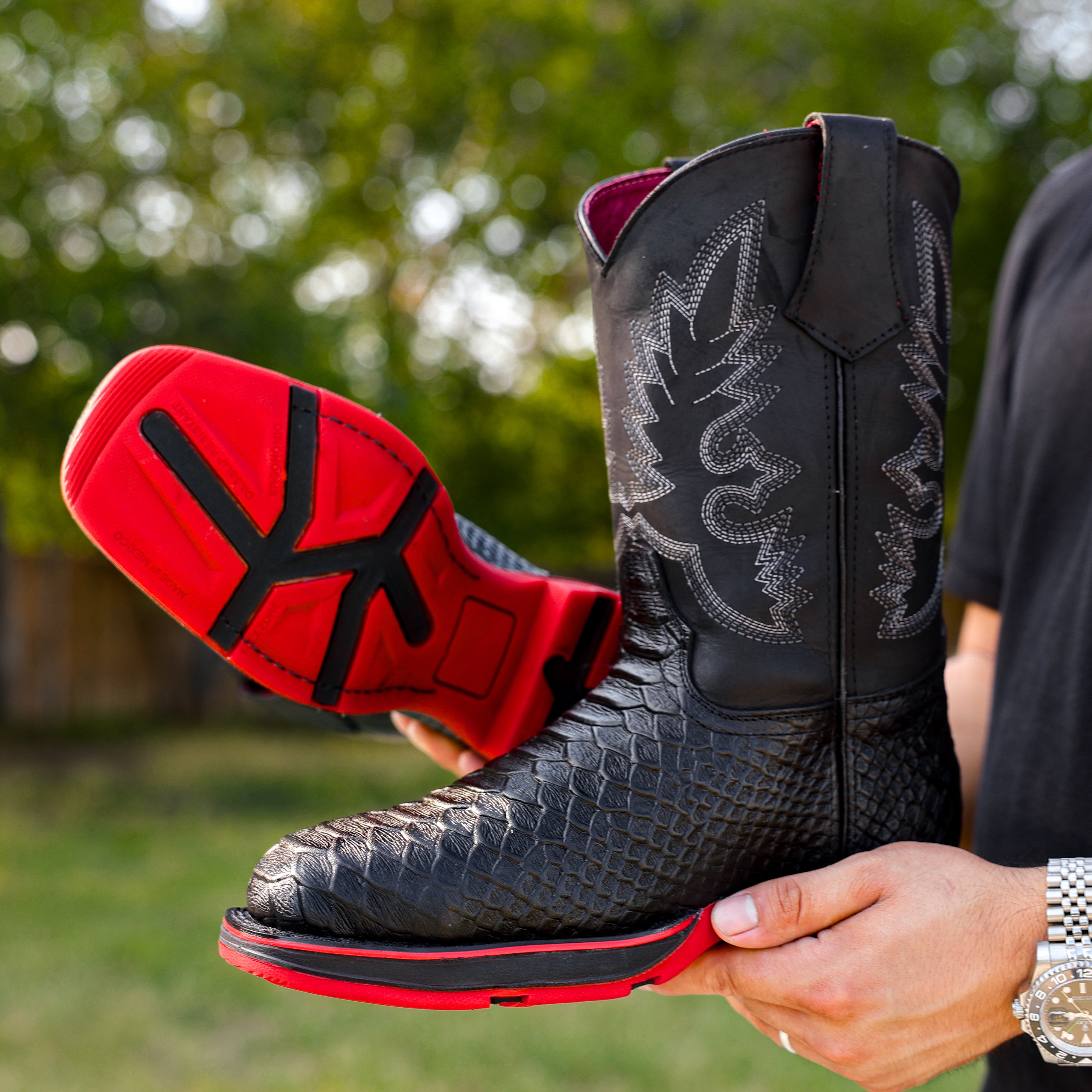 Black Anaconda Leather Boots With 3D Lightweight Sole - Composite Toe