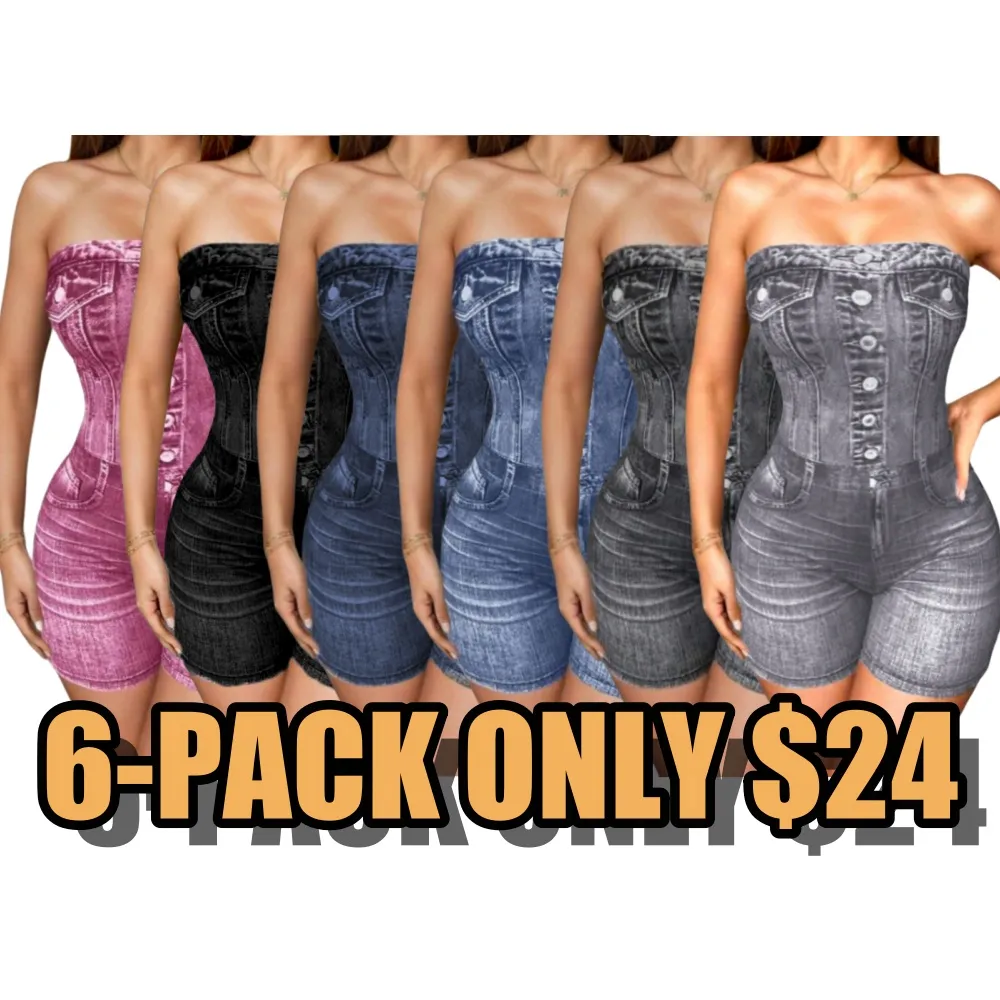 Women's Denim-effect Print Tube Romper