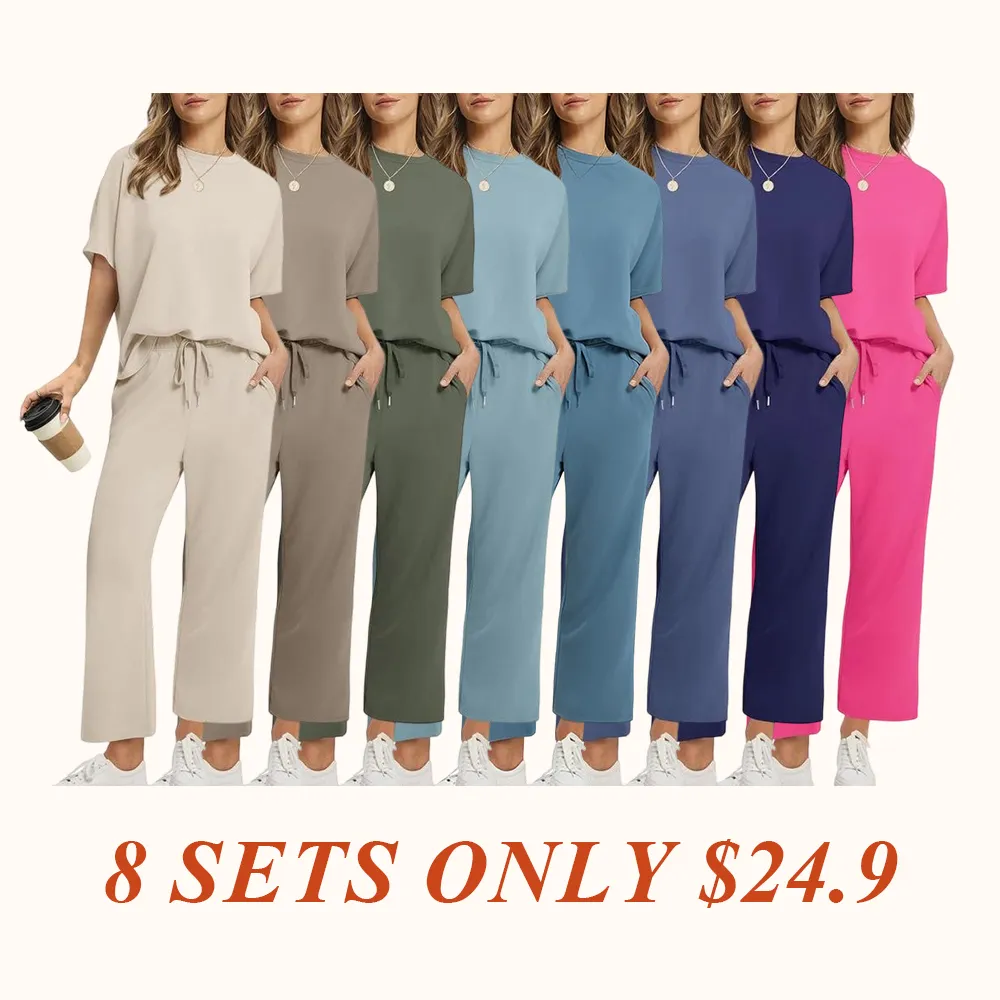 Two Piece Sets for Women Summer Outfits Oversized Wide Leg Crop Pants Lounge Sets