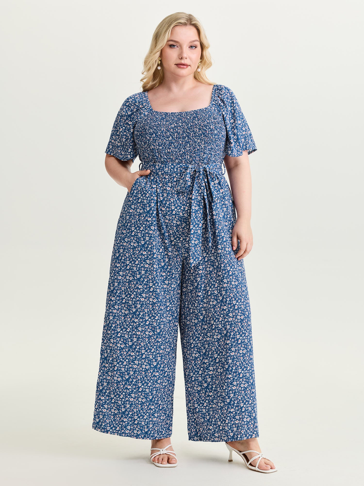 Micro Floral Print Shirred Bodice Jumpsuit