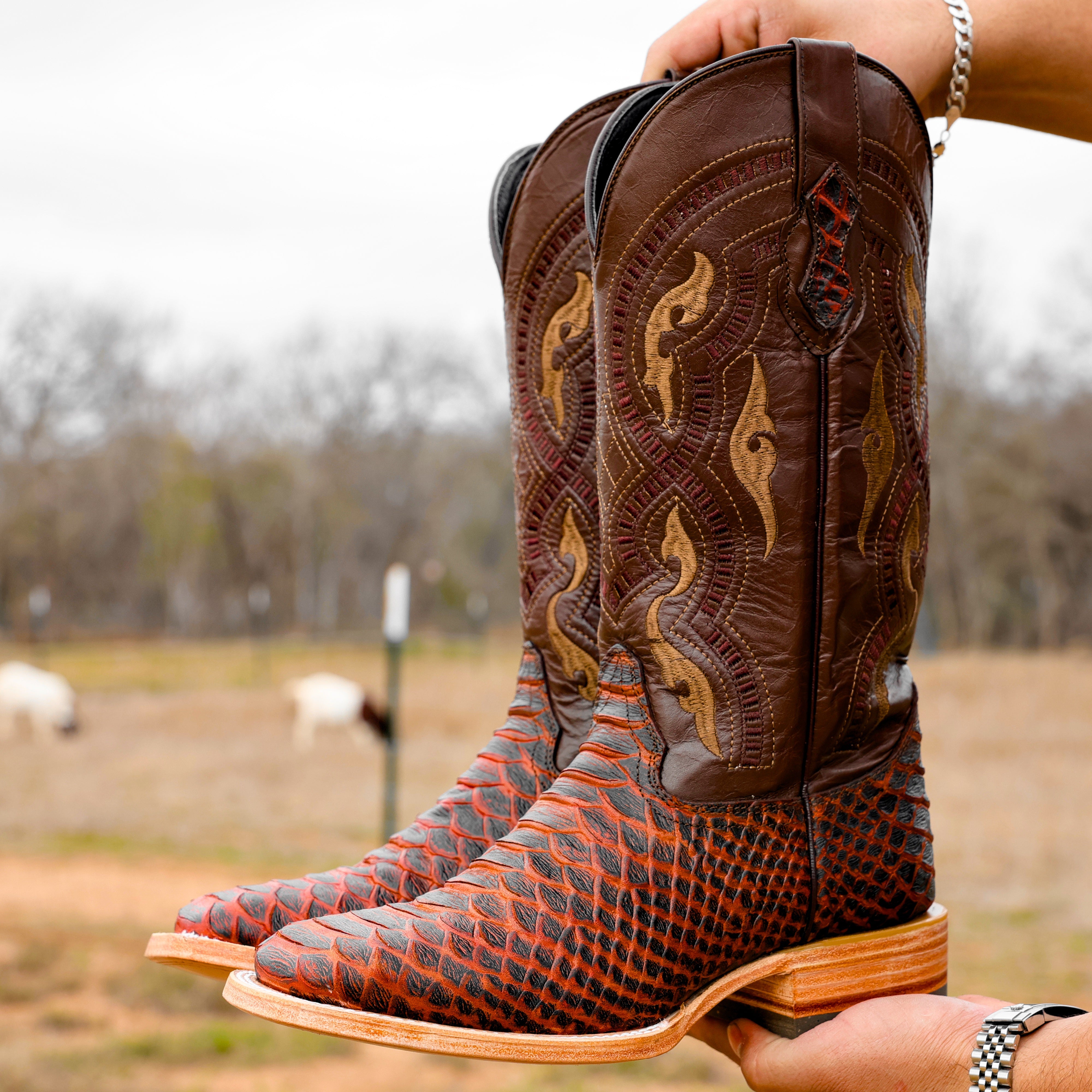 Rustic Cognac Anaconda Leather Boots - Square Toe