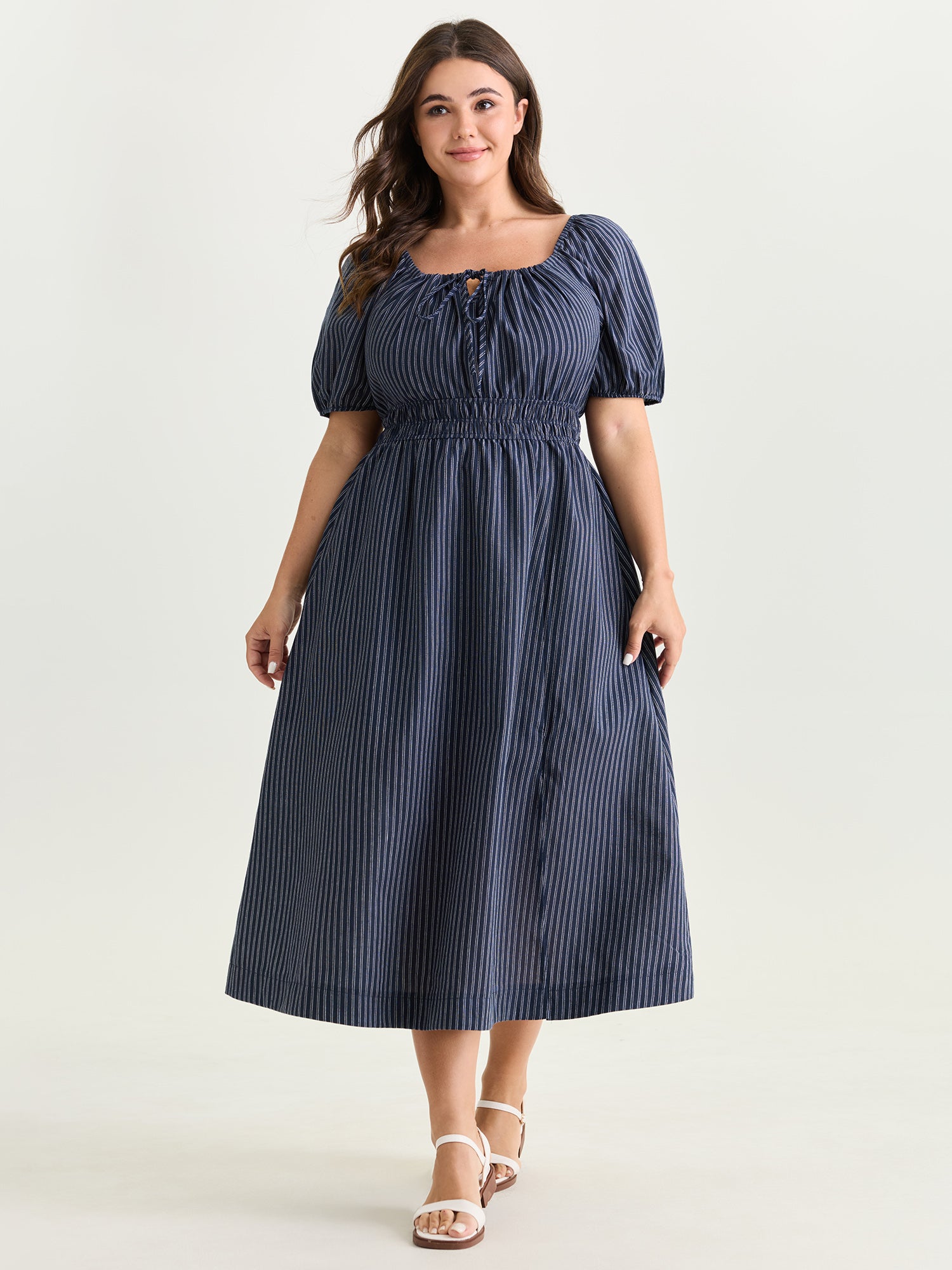 Striped Drawstring Neckline Split Hem Midi Dress