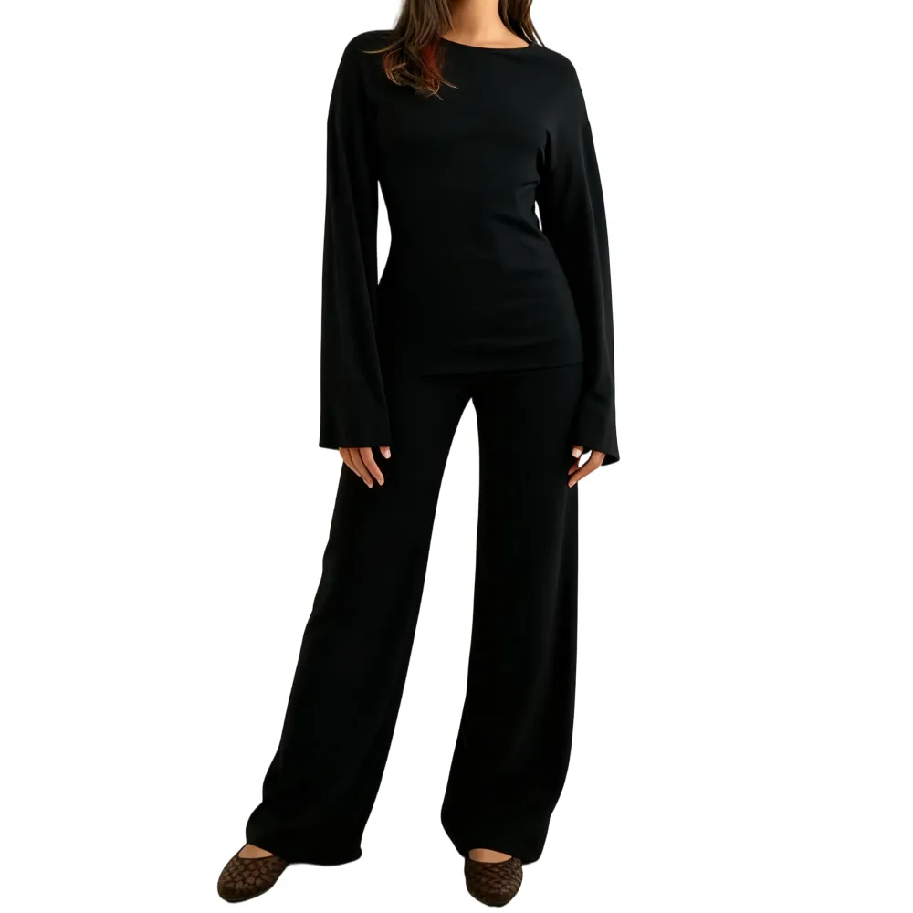 Women's Fall Round Neck Flare Top & Elastic-Waist Pants Set