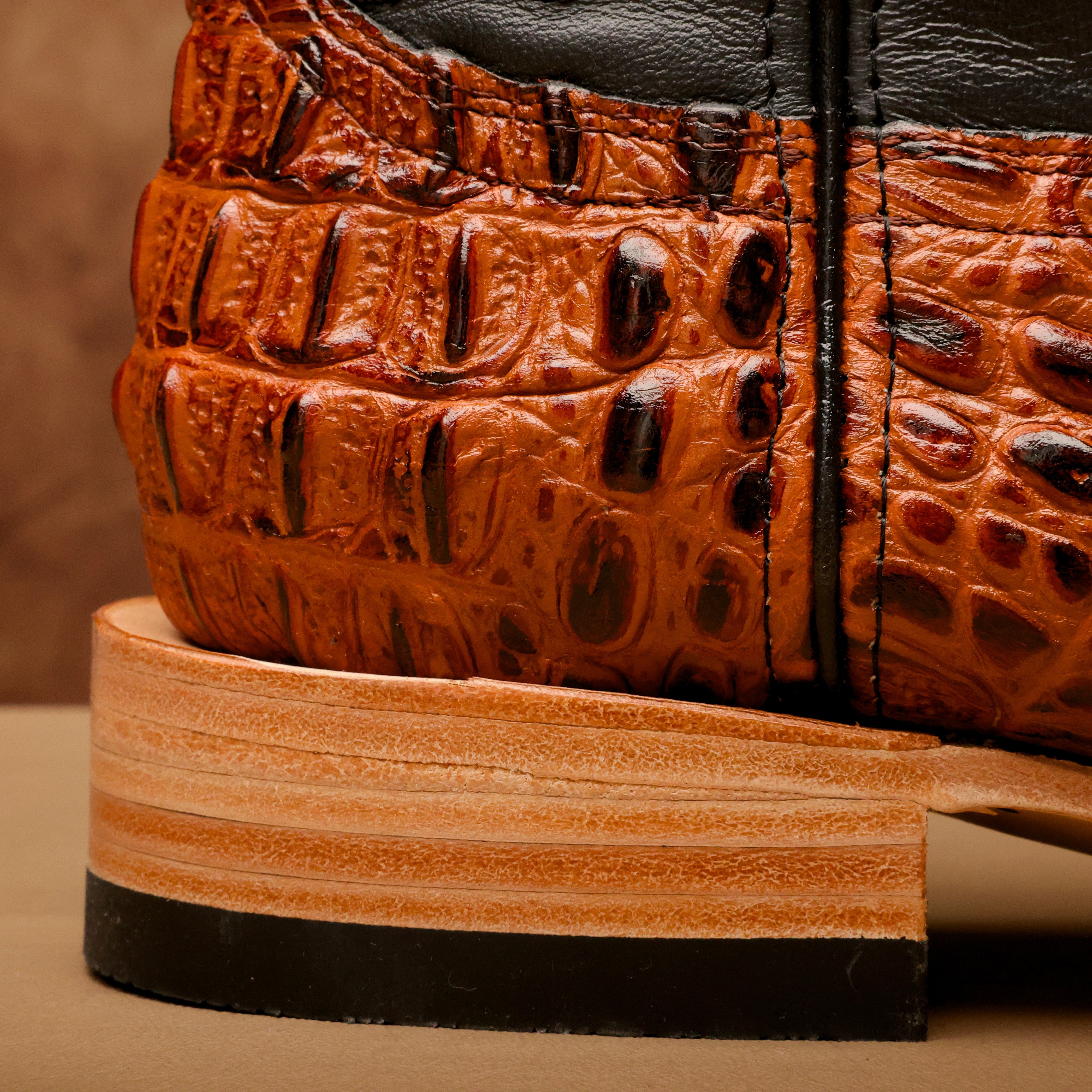 Cognac Caiman Neck Leather Boots - Square Toe