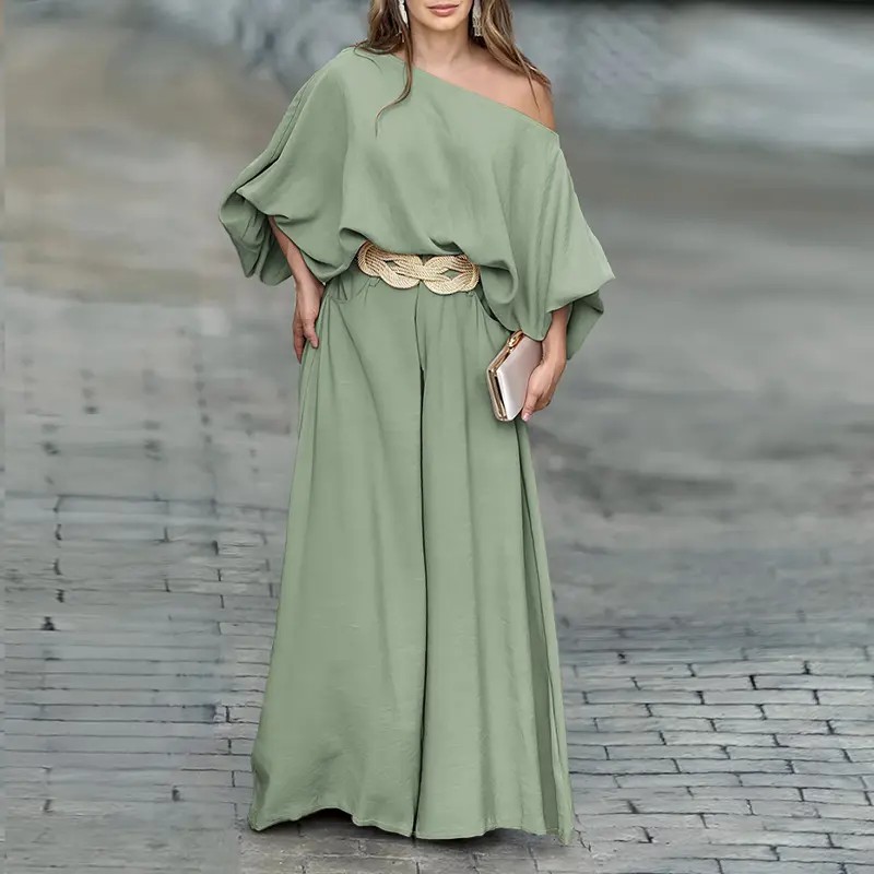 Women's Skew Neck Lantern Sleeve Top & Wide Leg Pants Set