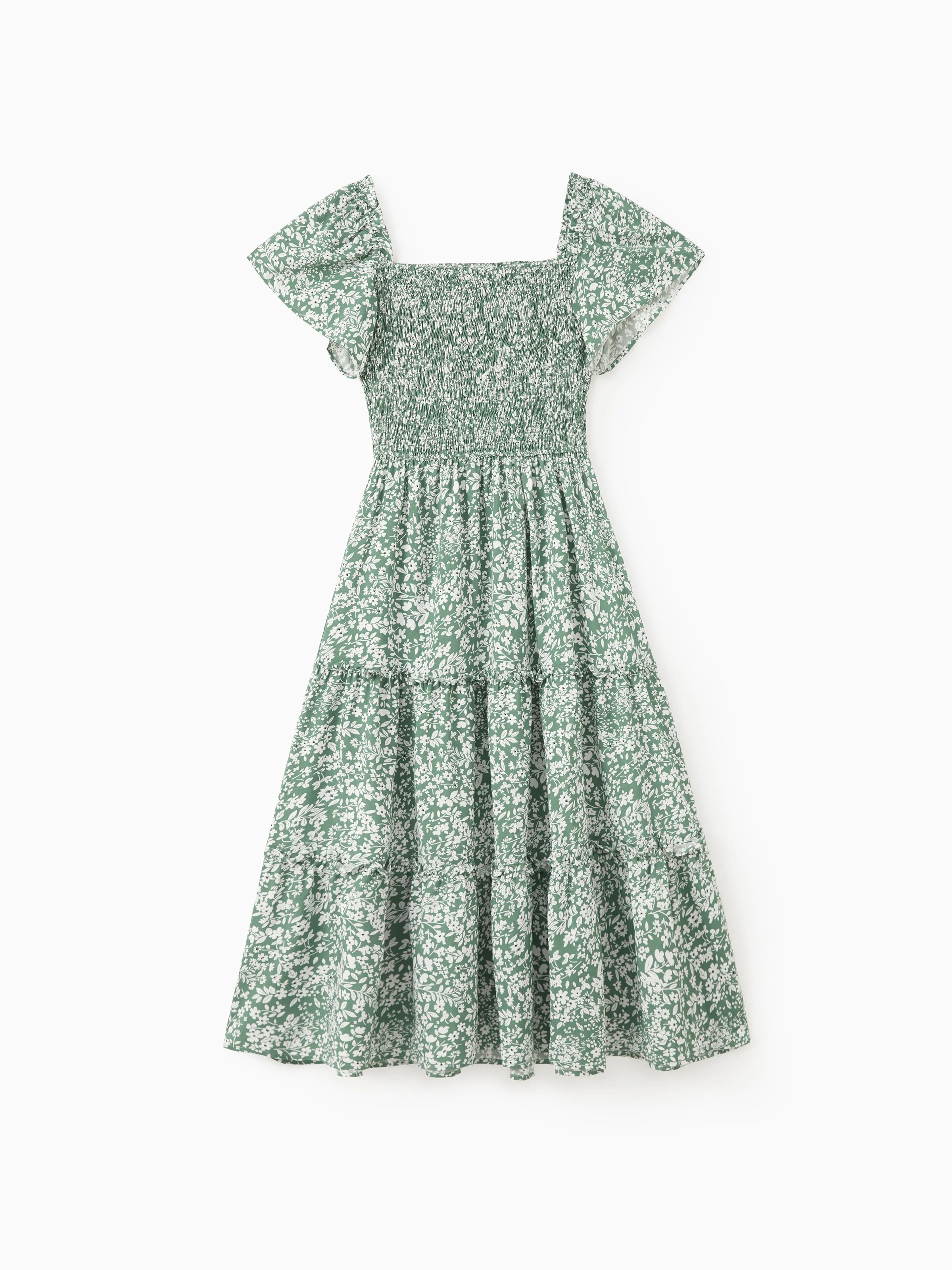 Elegant Broken Flower Matching Outfits for Family, Smocking Design, Medium Thickness Green