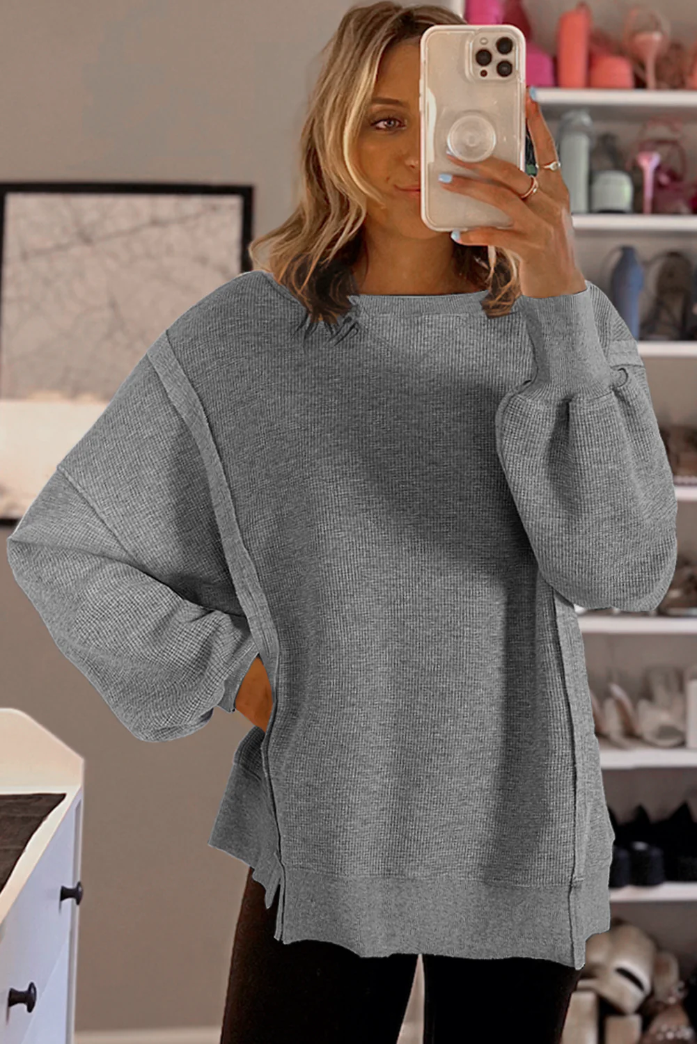 Waffle knit Bishop Sleeve Split Oversized Top