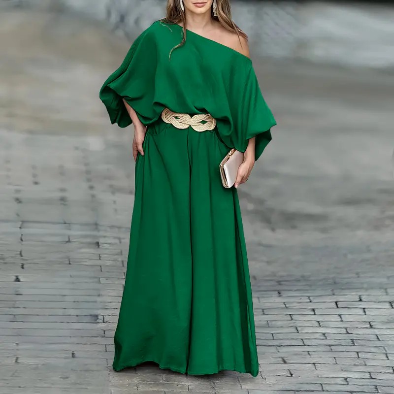 Women's Skew Neck Lantern Sleeve Top & Wide Leg Pants Set