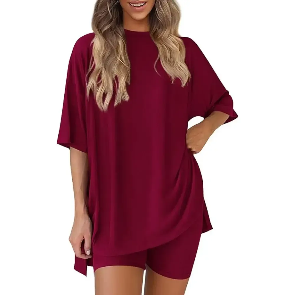Crewneck Two-Piece Set For Women Summer Casual Oversized Split Hem Shirts