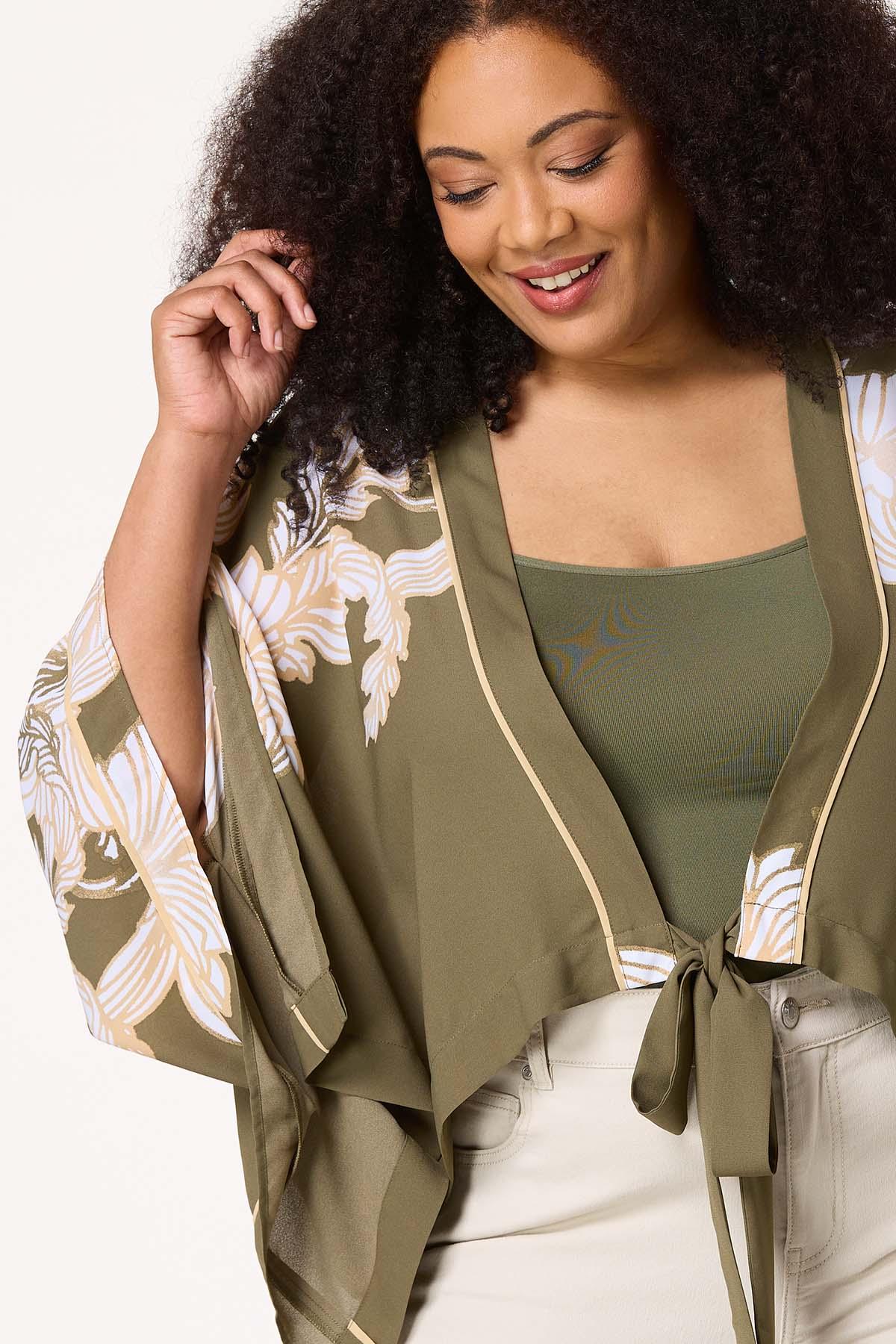 Plus Size Green Floral Tie Front Kimono