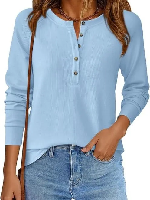 Women's Button Up Waffle Top Long Sleeve Knit Shirts Fall Casual Henley V Neck Tunic Tops