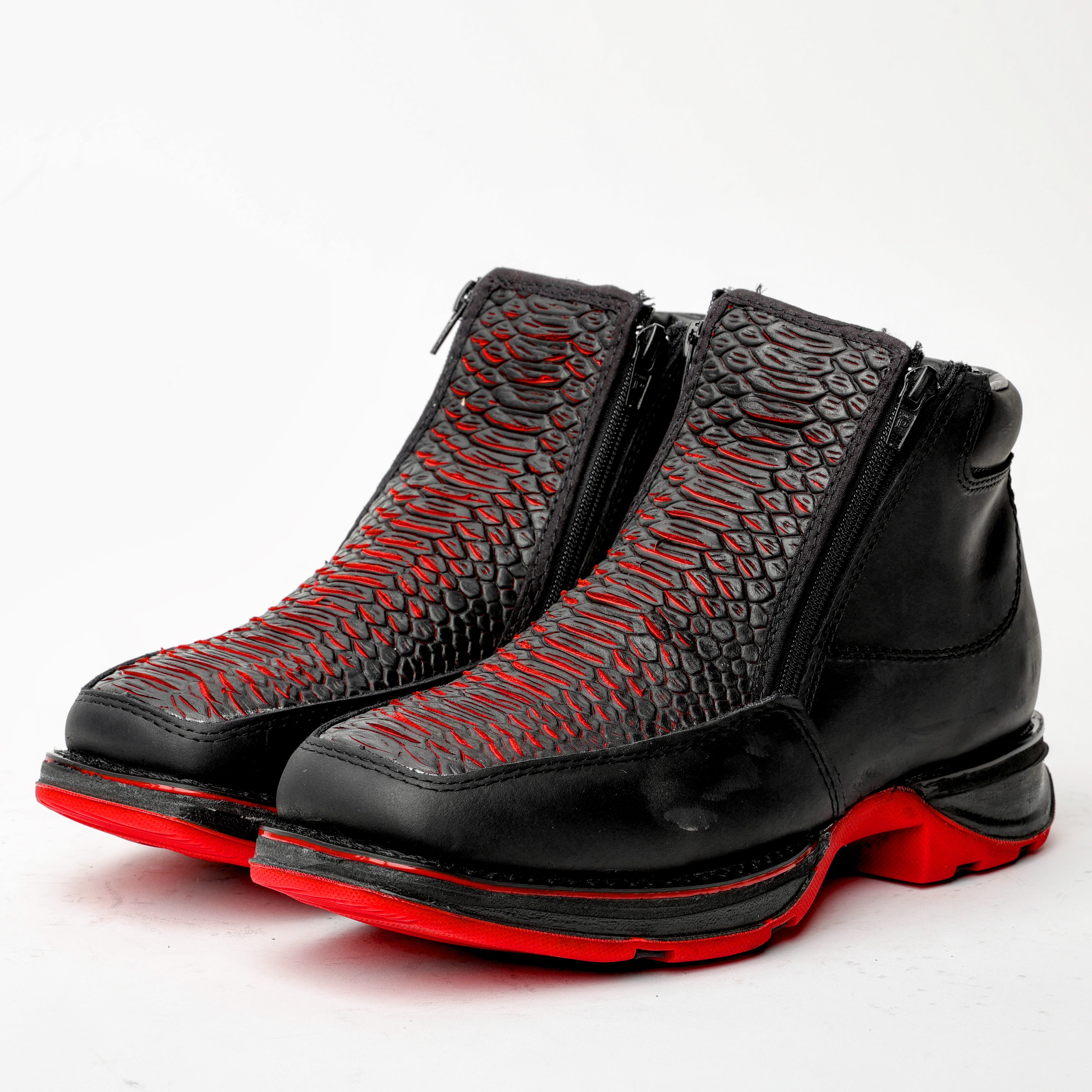 Black/Red Python Leather Botin With 3D Lightweight Soles - Square Toe