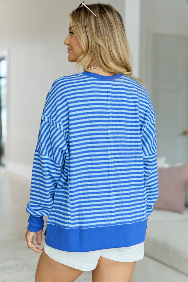 Kara Blue Stripe Waffle Pullover