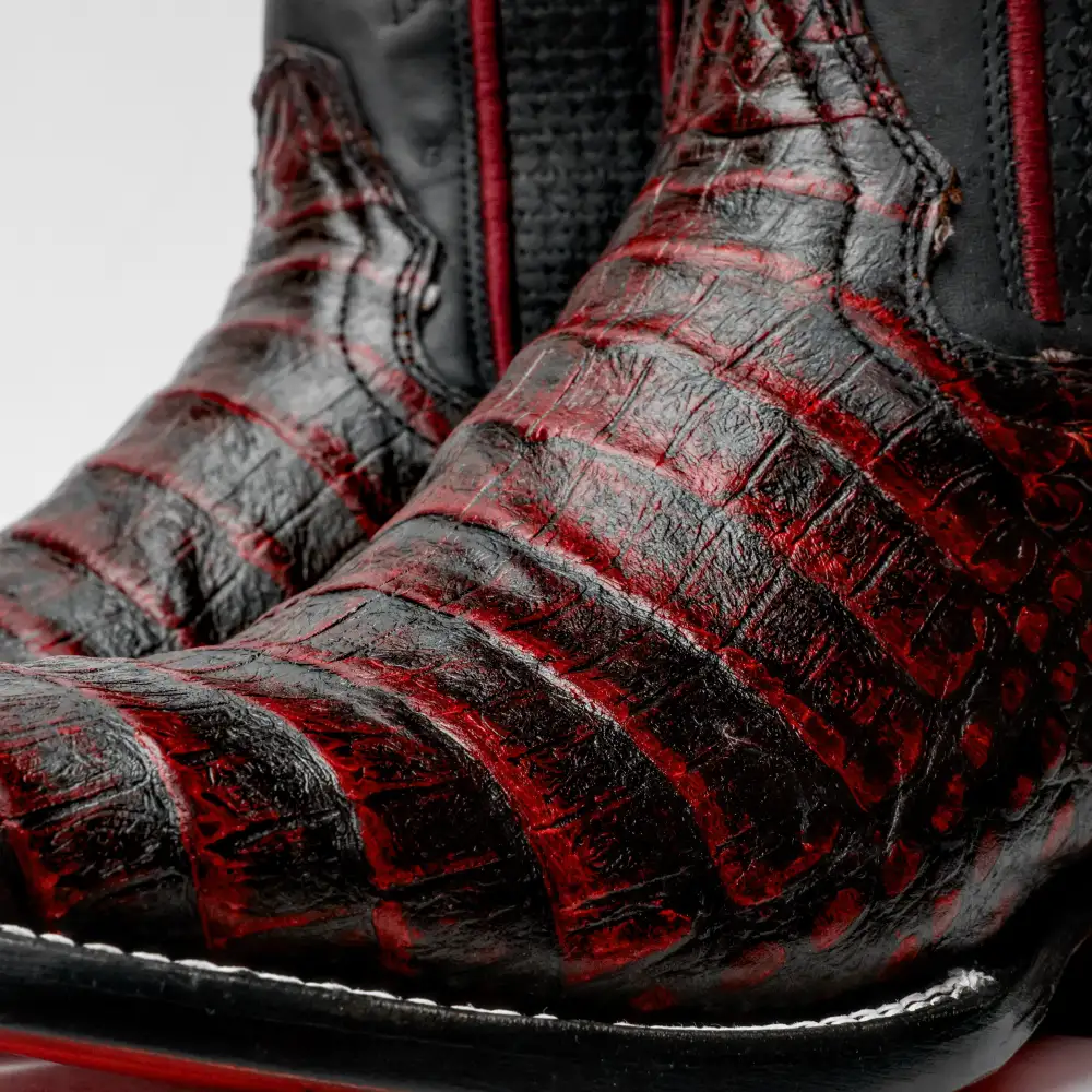 Black Cherry Caiman Belly Leather Boots - Square Toe