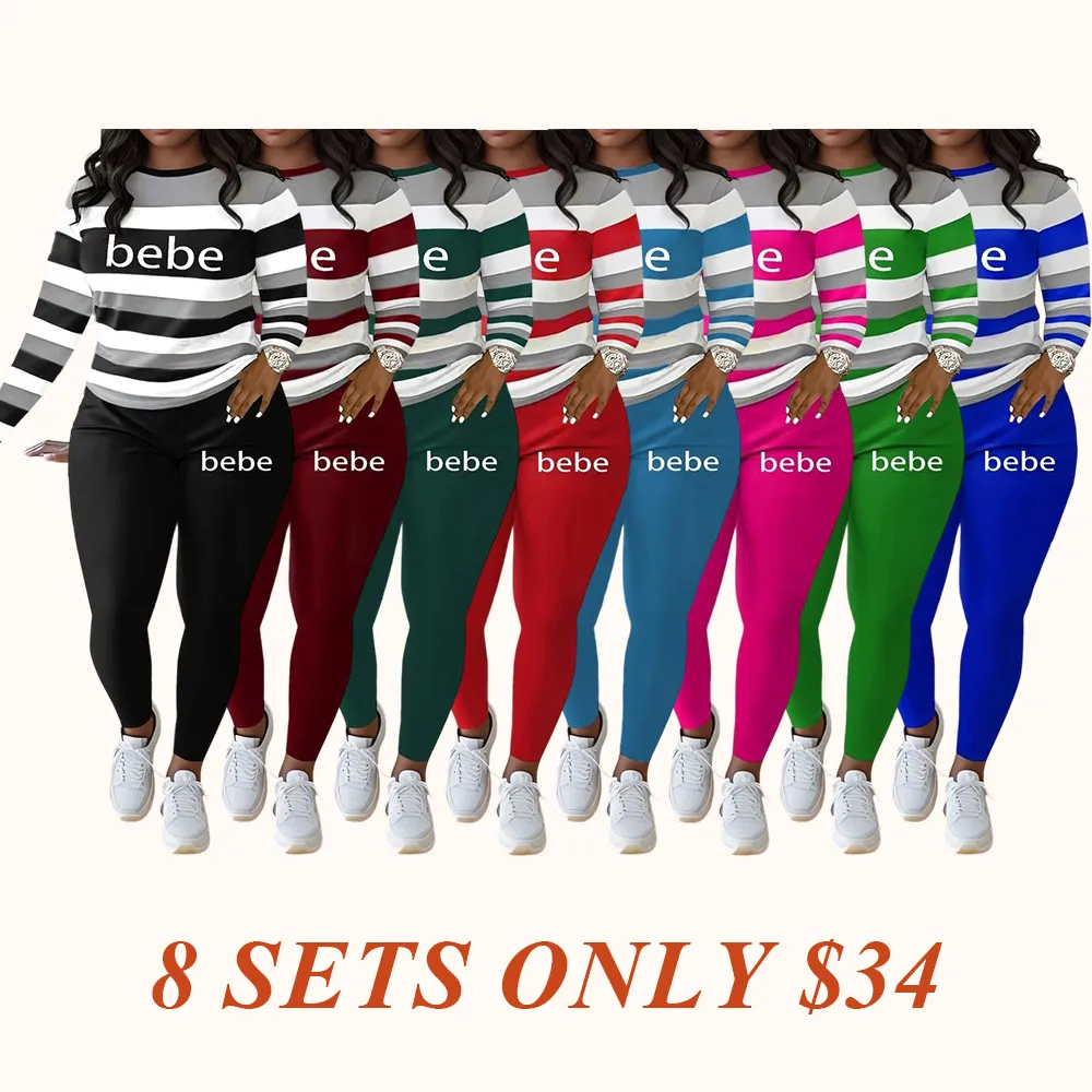 Women's Striped Bebe Letter Print Casual Autumn Winter Round Neck Long Sleeve Top & Pants Set