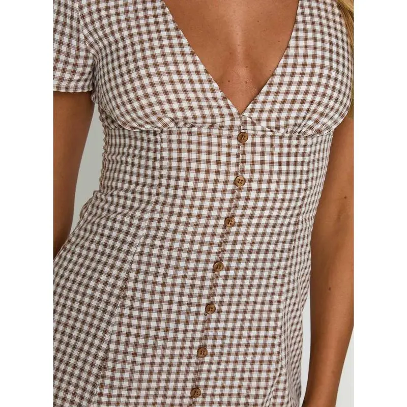 Vintage Checkered Deep V-Neck Fitted Mini Dress