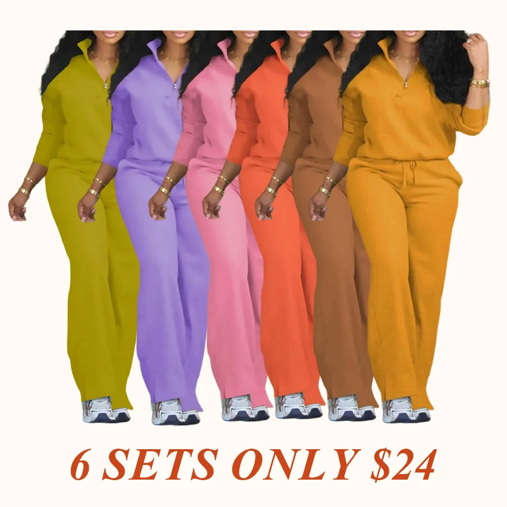 Women's Solid Half Placket Split Hem Pants Set