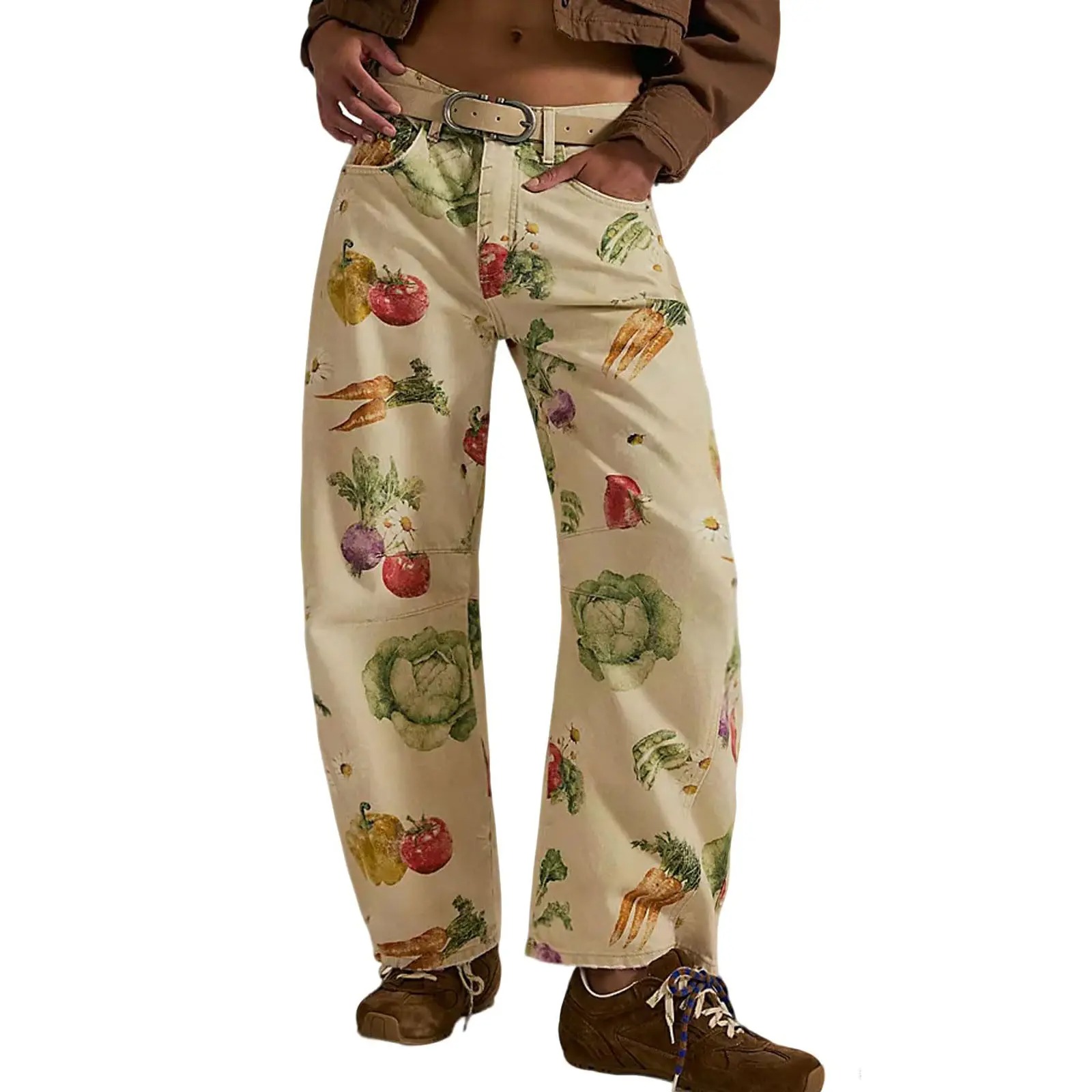 Women’s Printed Wide-Leg Denim Jeans – Y2K Loose Mid-Rise Boho Style