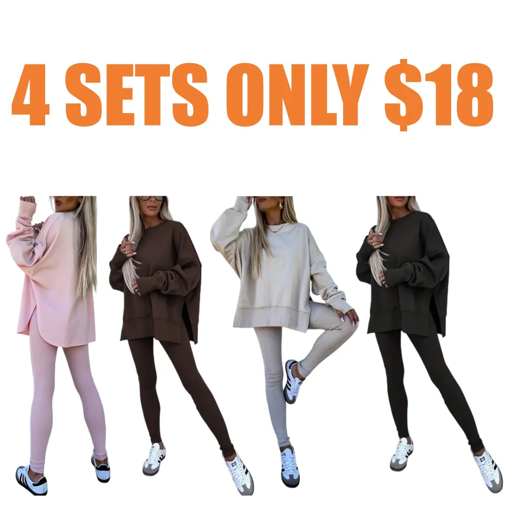 Women's Solid Long Sleeve Pullover & Leggings Sports Set