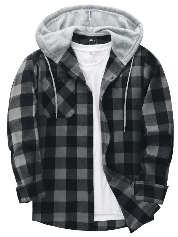 Men's Plaid Print Button Front Drawstring Hooded Shirt, Regular Fit Casual Pocket Long Sleeve Outerwear