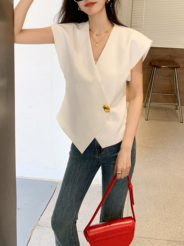 Asymmetric Buttoned Sleeveless V-Neck Vest Top