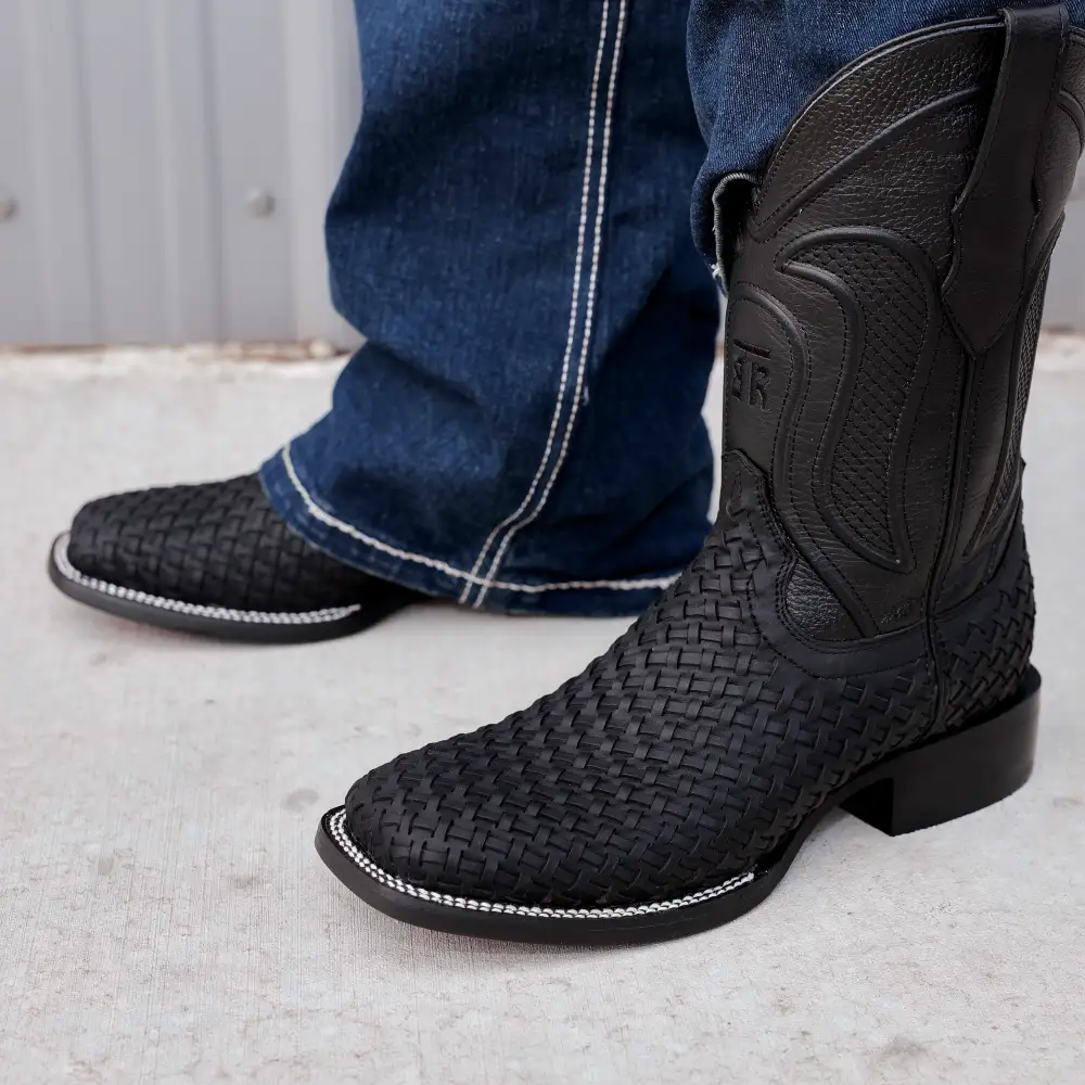 Black Basketweave Leather Boots - Square Toe