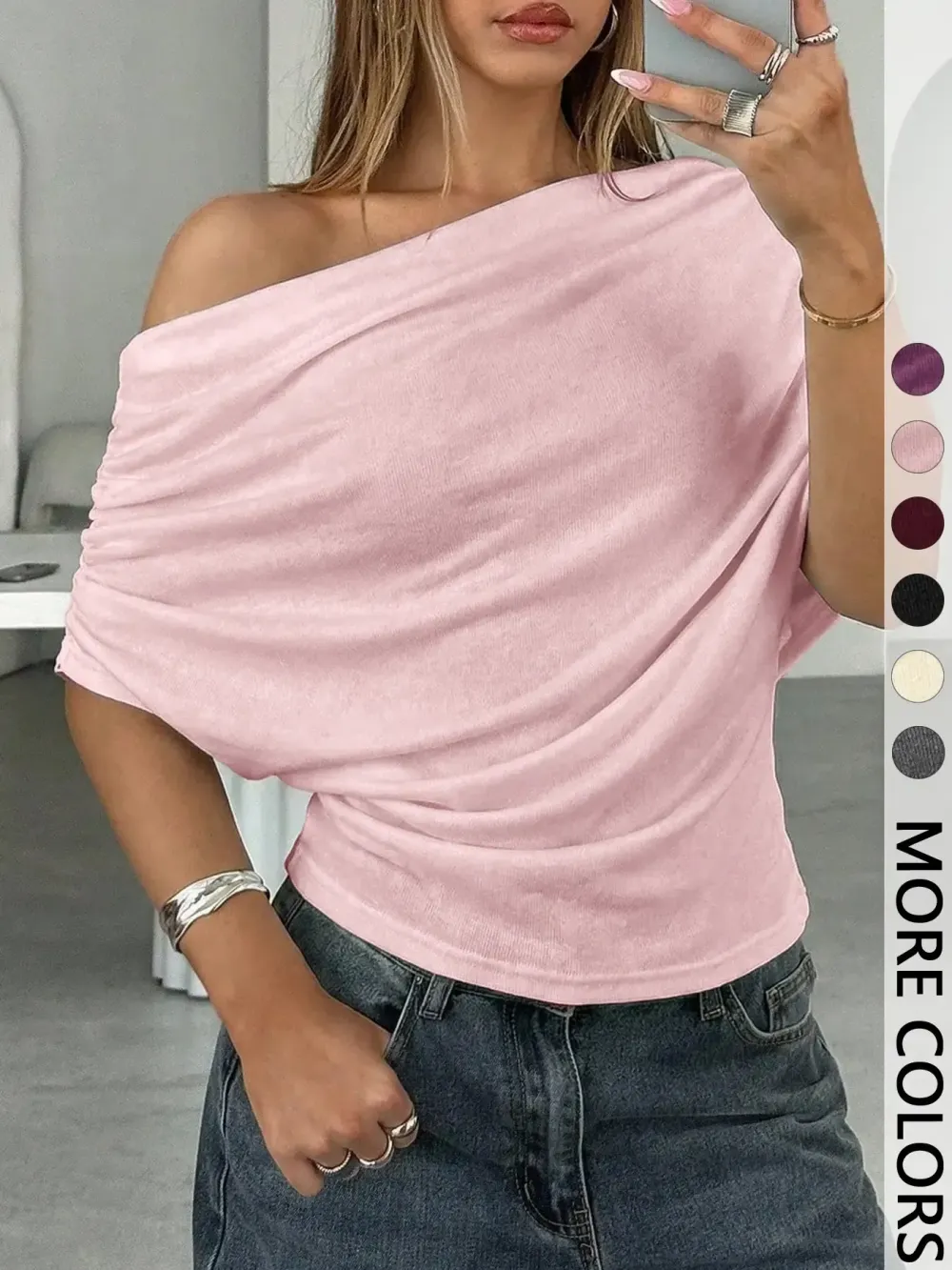 Women's Summer Autumn Plain Asymmetrical Shoulder Batwing Sleeve Knit T-Shirt