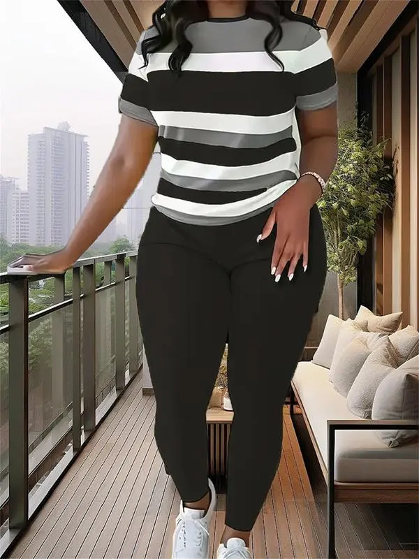 Women's Plus Size Striped Print Short Sleeve Top & Pants Two-piece Set