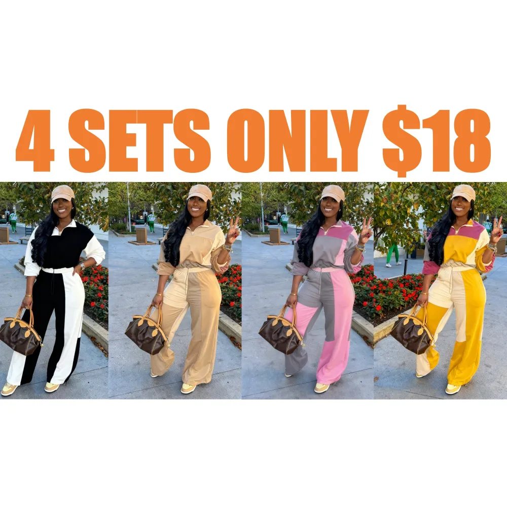 2-piece Set Women's Colorblock Zip Up Jacket & Wide Leg Pants
