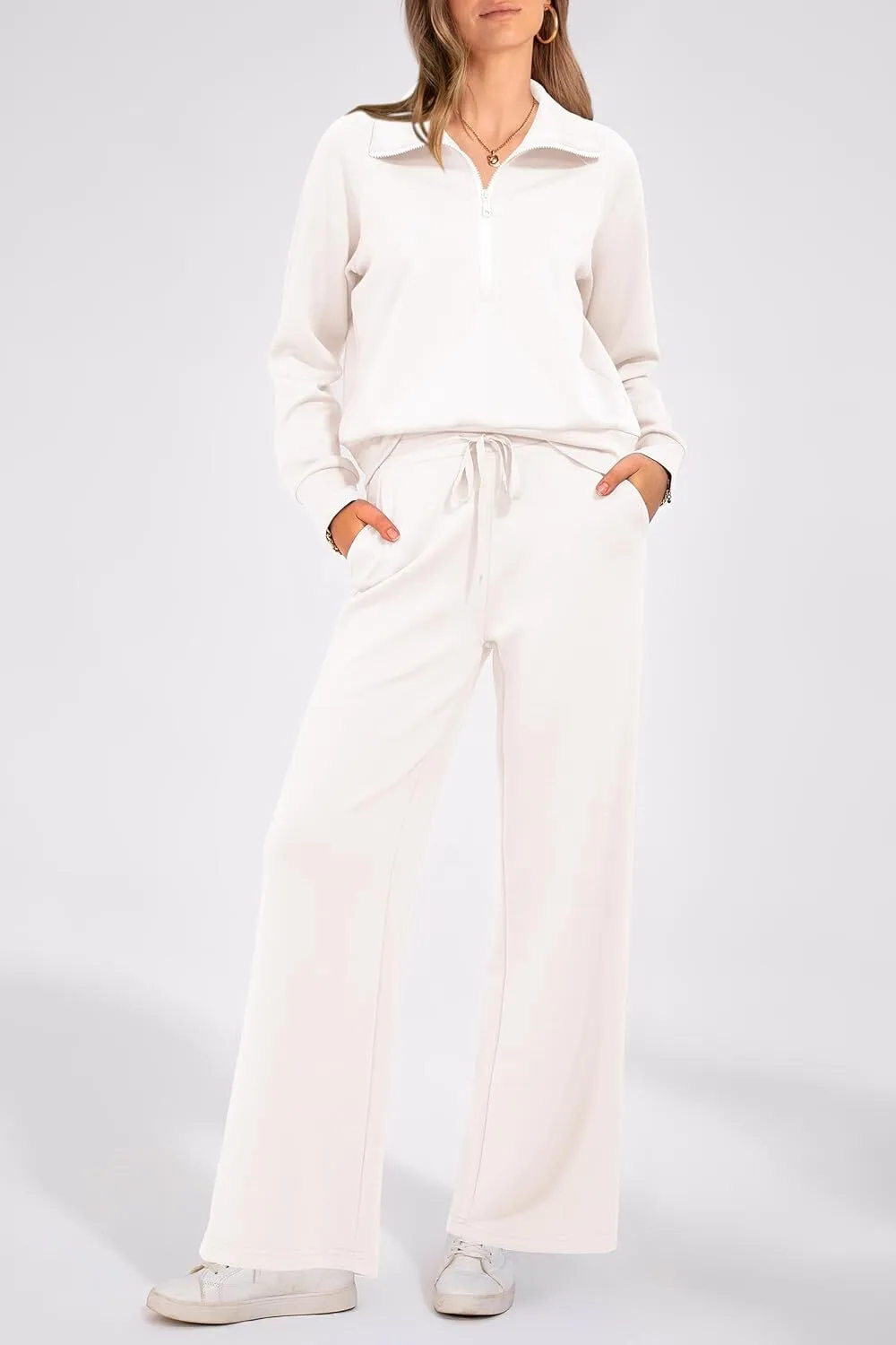 🔥Final Day Clearance!🛒Women's 2 Piece Outfits Casual Lapel Half Zip Sweatshirts And Wide Leg Pants Tracksuit Sets