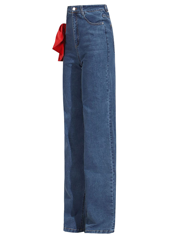 Buttoned Contrast Color Pockets Tied High Waisted Loose Jean Pants Bottoms