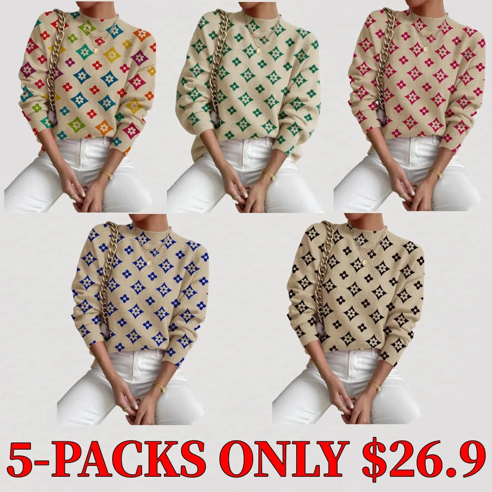 Women's geometric pattern stand-collar sweater