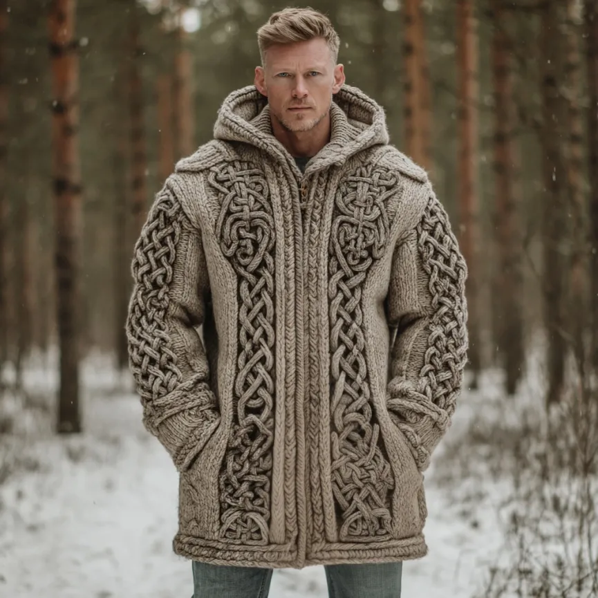 Men's Viking Celtic Pattern Art Cozy Knit Hooded Cardigan