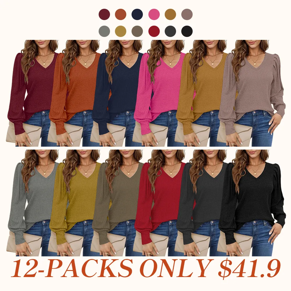 Women's Knit Shirt Soft Puff Long Sleeve Blouse Tops