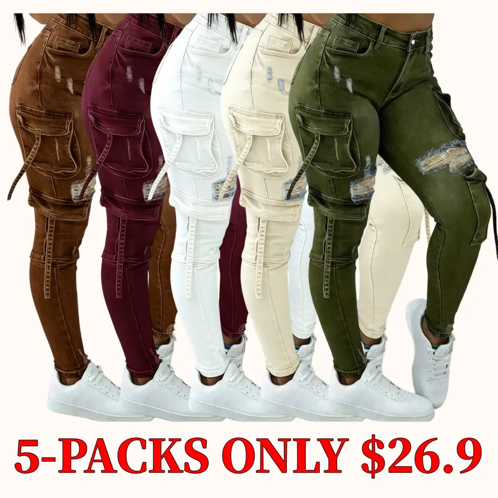 Women's street style multi-pocket short cargo stretch denim jeans