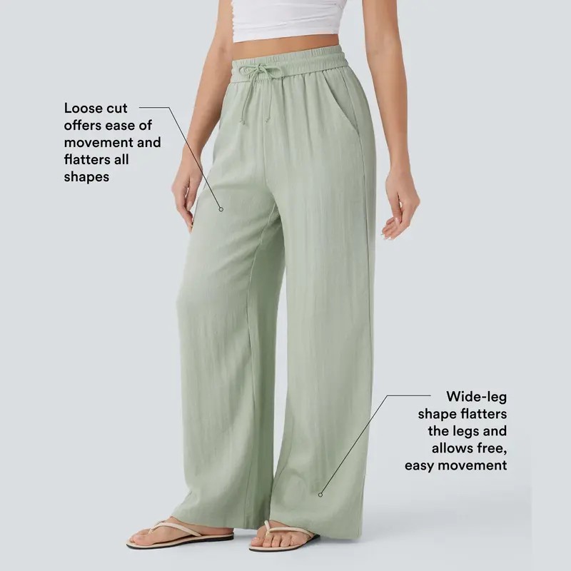 Women's High Waisted Wide Leg Pants – Linen-Feel Casual Drawstring with Pockets
