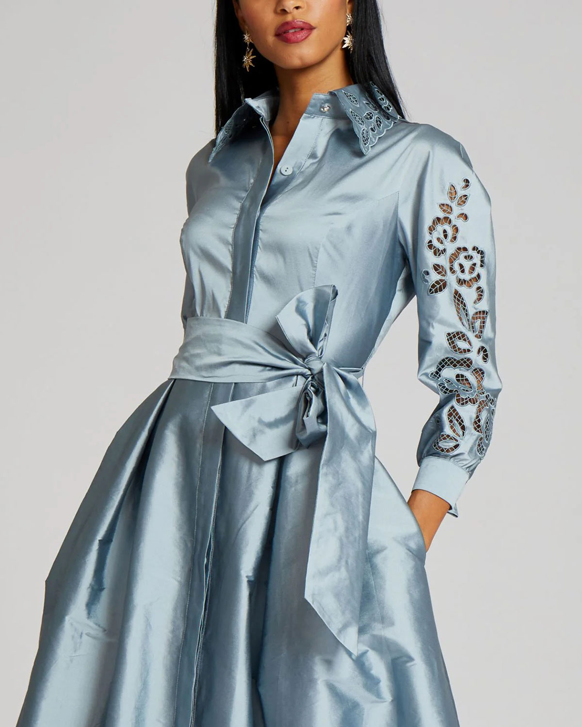 Taffeta Shirt Dress Gown With Eyelet Sleeve and Collar