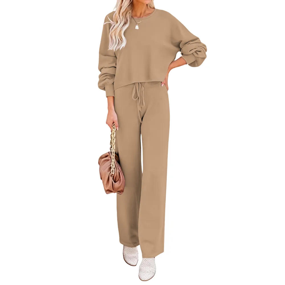 Womens Fall Winter Casual Solid Knitted 2 Piece Sets Long Sleeve Hoodie