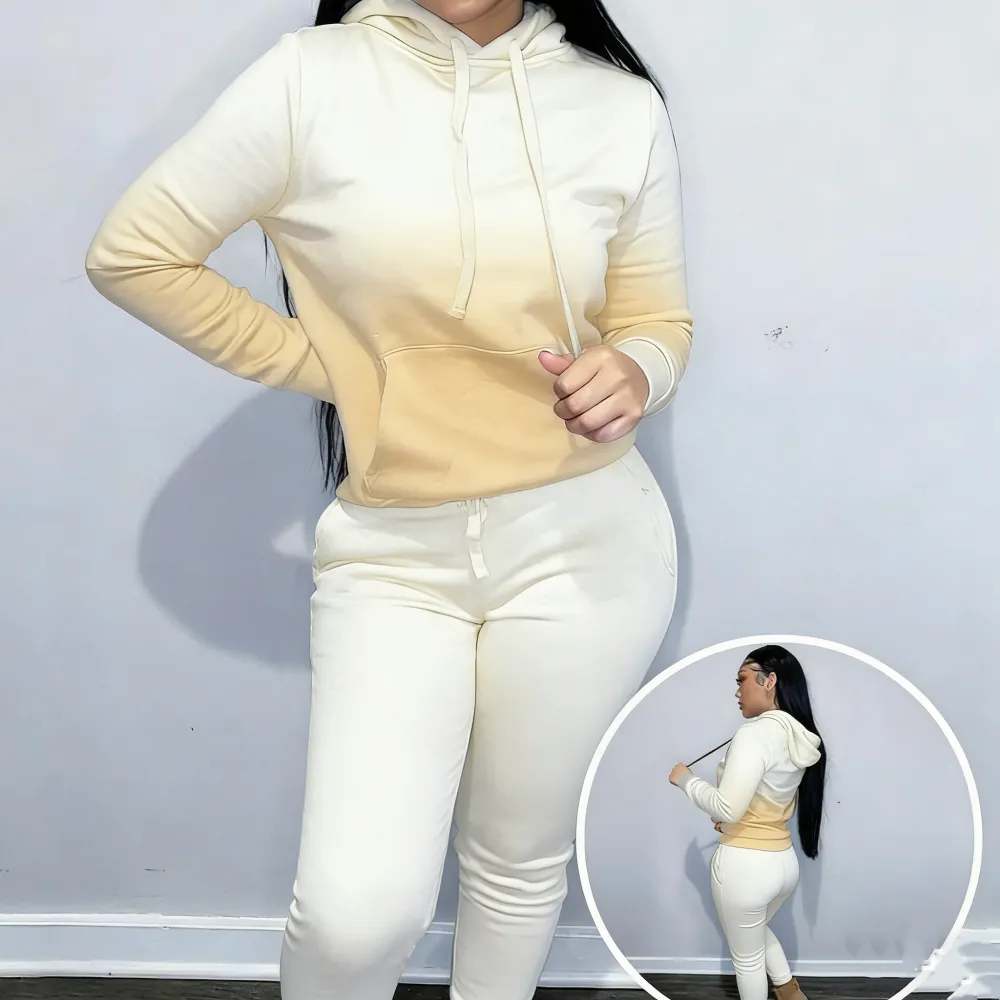 Women's Solid Drawstring Hoodie & Pocket Sweatpants Two-piece Set