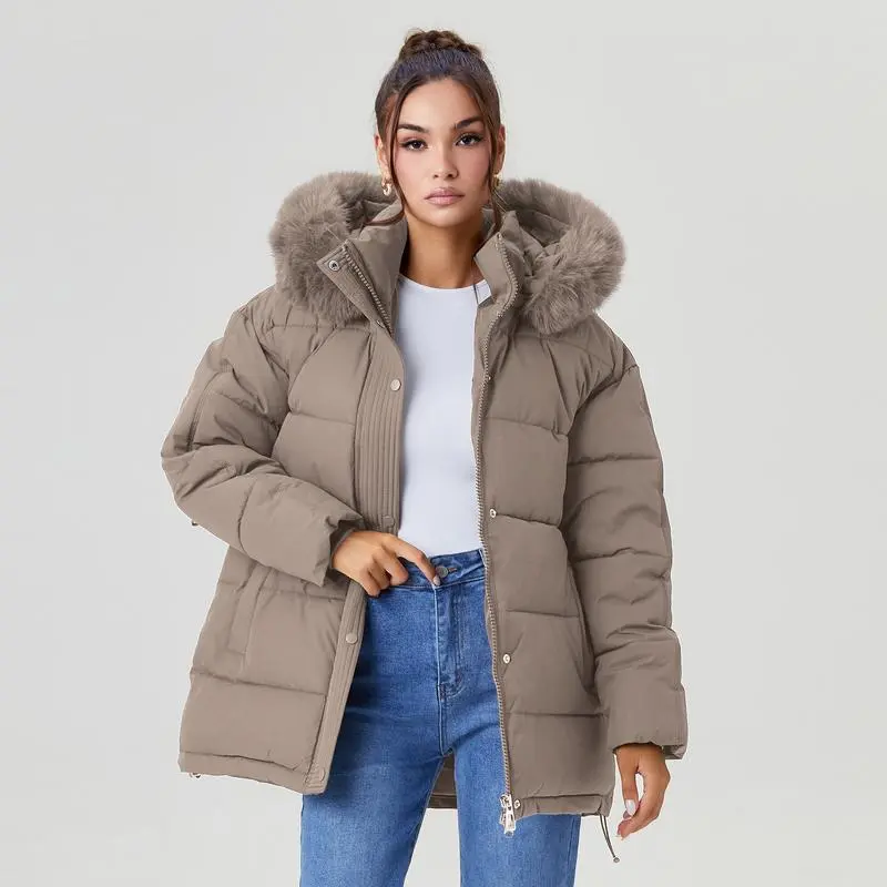 Women's Versatile Solid Color Fluffy Hooded Zip-Up Belt Decor Cotton Coat