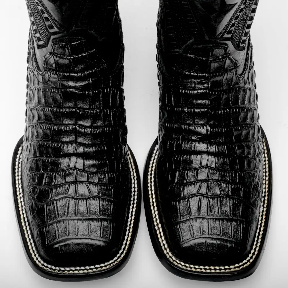 Total Black Caiman Belly Leather Boots - Square Toe