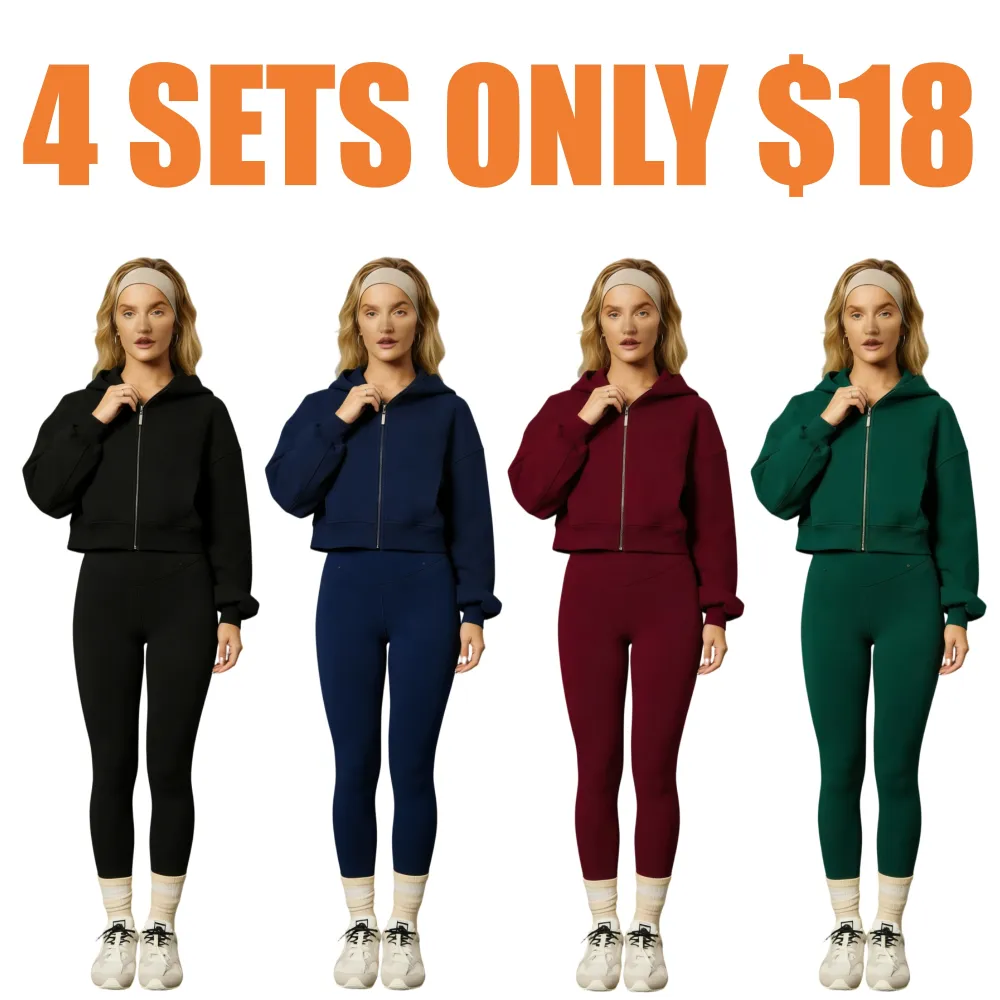 Warm Lightweight Relaxed Fit Cropped Hoodie Sweatshirt Set