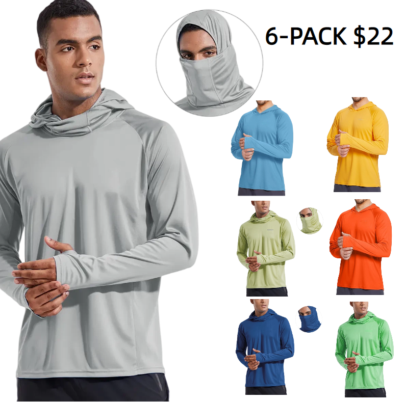 Men Sun Protection Hoodie Face Mask UPF50+ Long Sleeve Thumbholes UV SPF Shirt