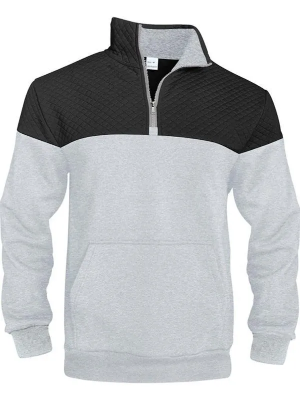 Men's Fall/Winter Patchwork Design Casual Stand-Up Collar Zipper Hoodie Stylish Commuter Sweatshirt